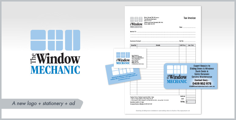 A new logo, stationery and ad for The Window Mechanic